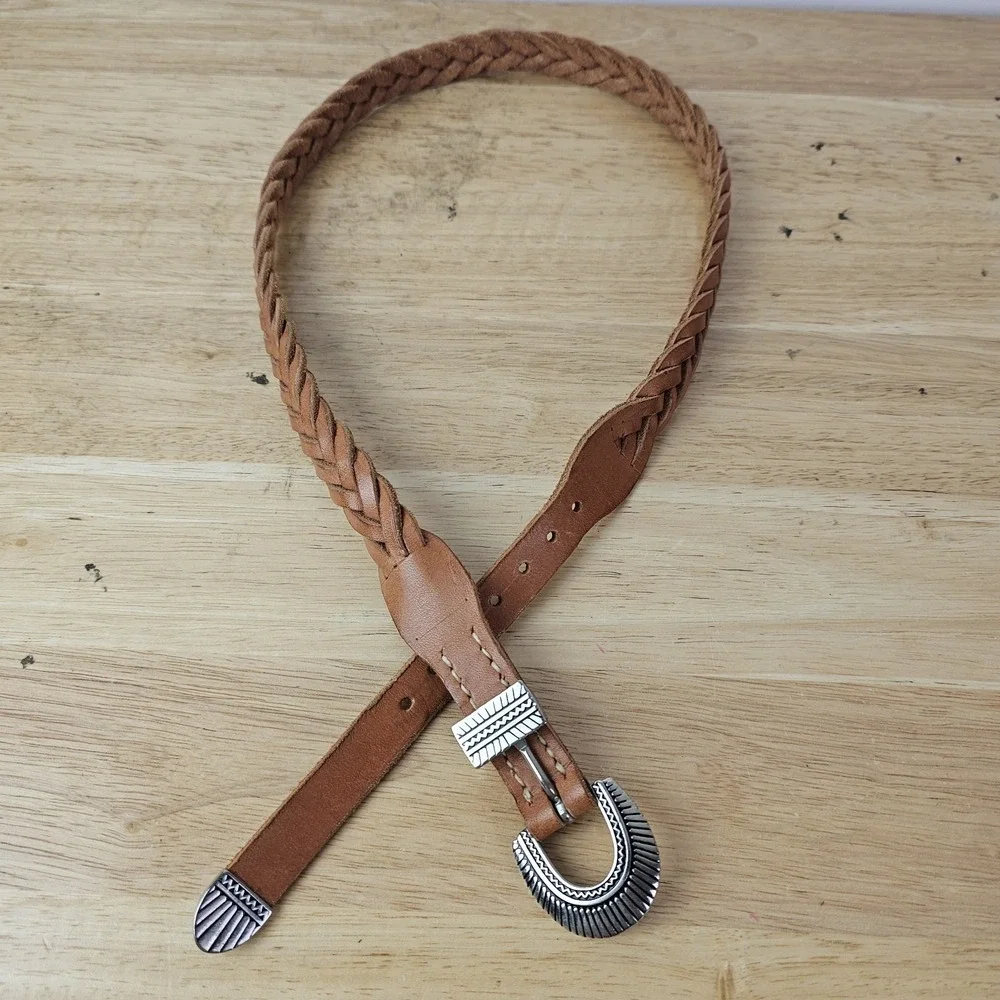 Woven Leather Belt Women's Size Small Tan Silver Buckle‎ Accent Western